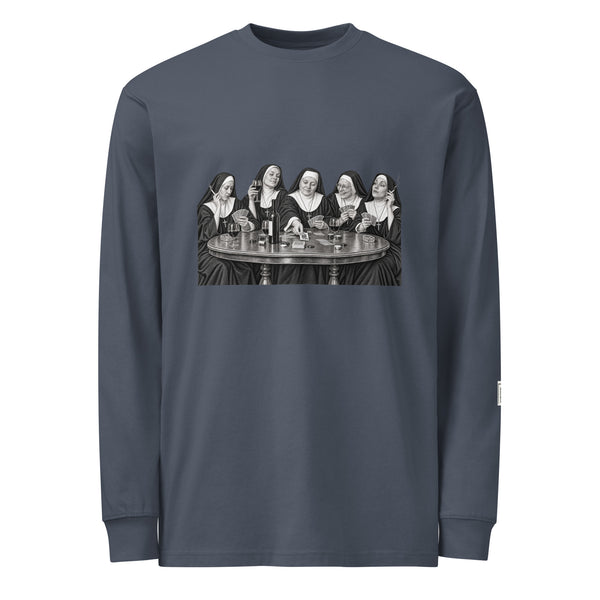 Harbor Blue long-sleeve tee with a monochrome illustration of five nuns seated around a round table.
