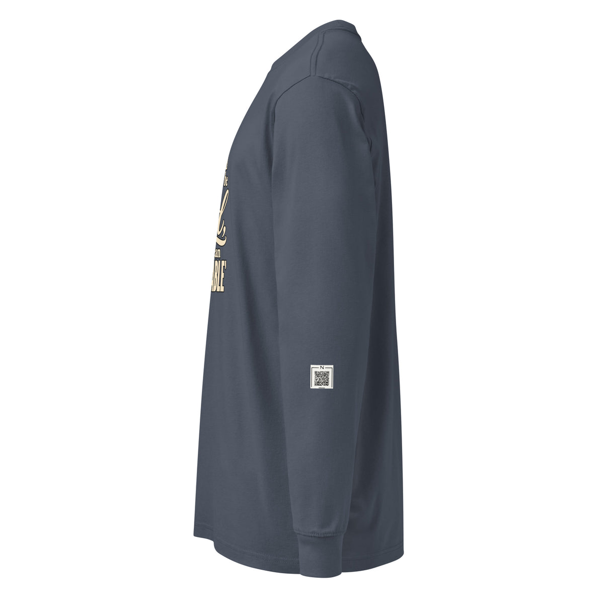 Harbor Blue Held / Accountable long-sleeve tee, left-side view showing a small QR code on the lower sleeve.