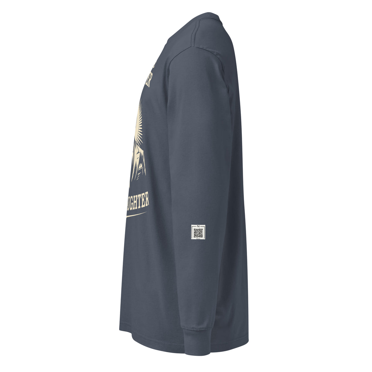 Harbor Blue Manslaughter long-sleeve tee, left-side view showing a small QR code on the lower sleeve.