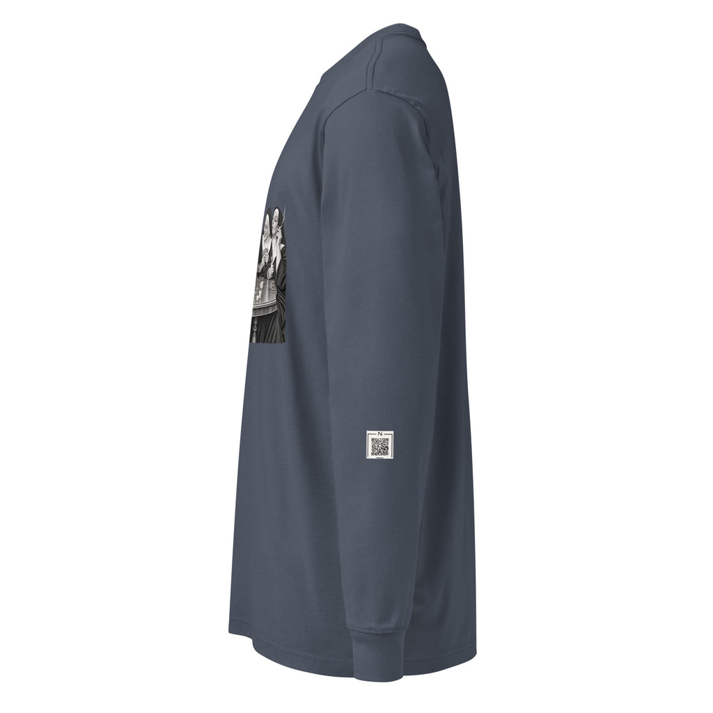Harbor Blue Nuns Communion Wafers long-sleeve tee, left-side view showing a small QR code on the lower sleeve.