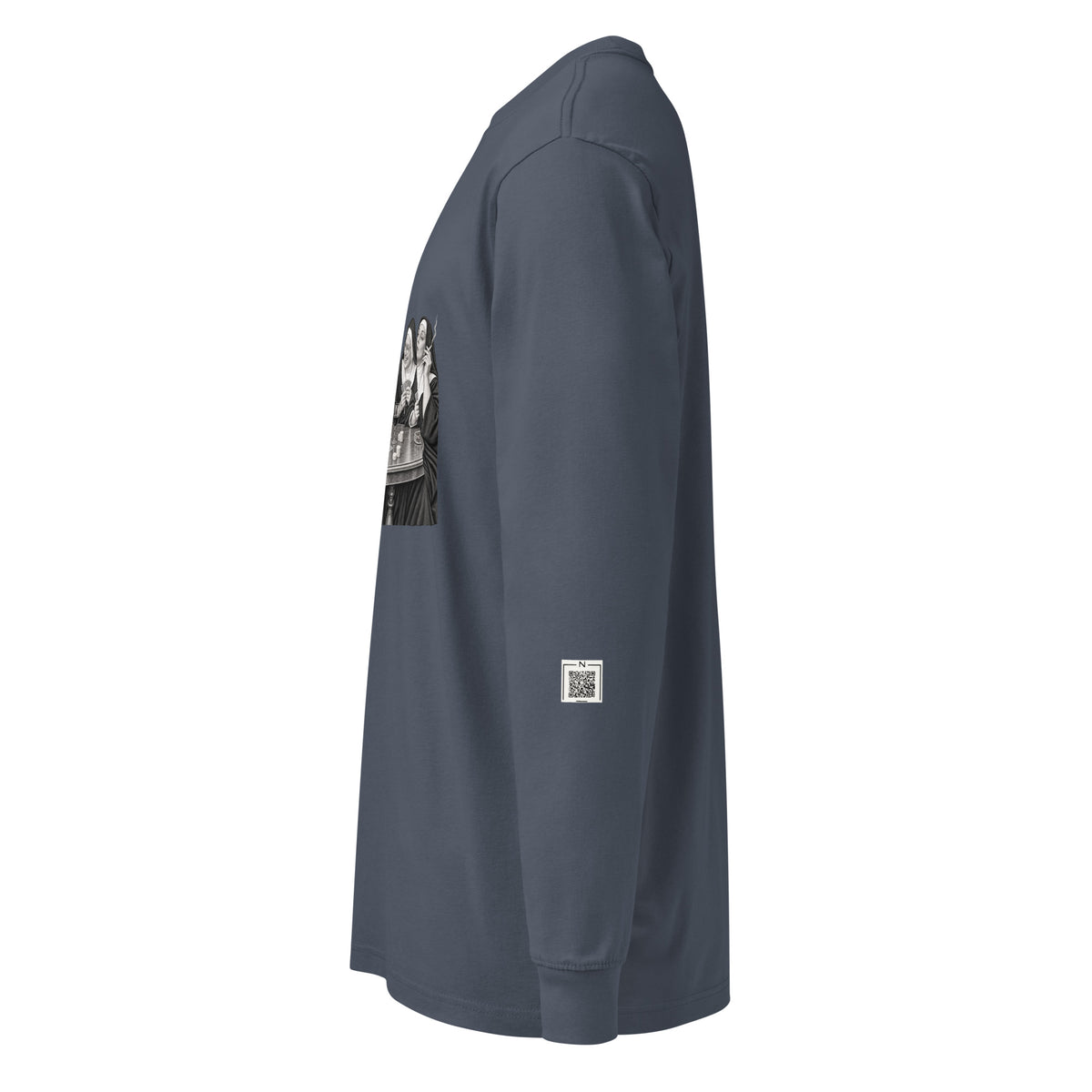 Harbor Blue Nuns Communion Wafers long-sleeve tee, left-side view showing a small QR code on the lower sleeve.