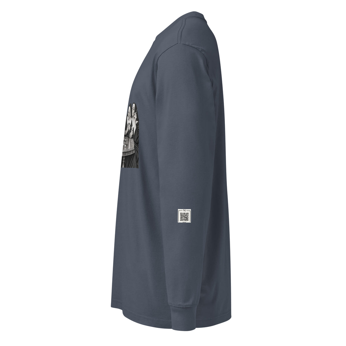 Harbor Blue Nuns Card Night long-sleeve tee, left-side view showing a small QR code on the lower sleeve.