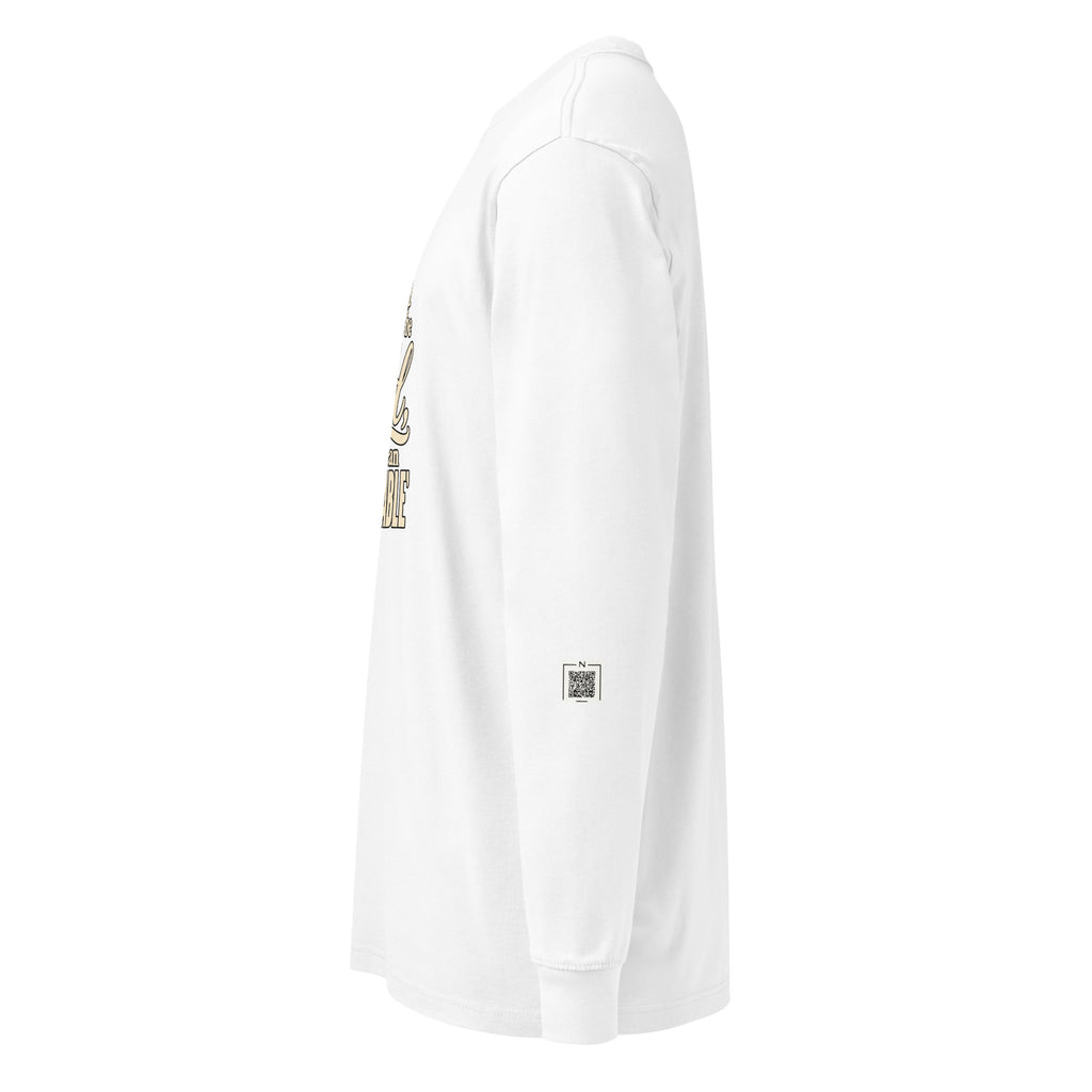 White Held / Accountable long-sleeve tee, left-side view showing a small QR code on the lower sleeve.