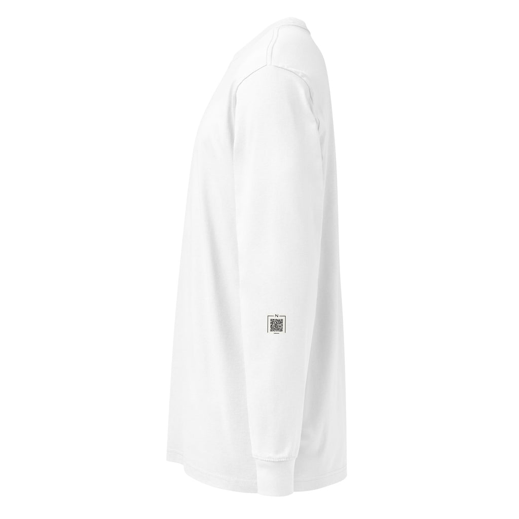 White Kelly Clarkson long-sleeve tee, left-side view showing a small QR code on the lower sleeve.
