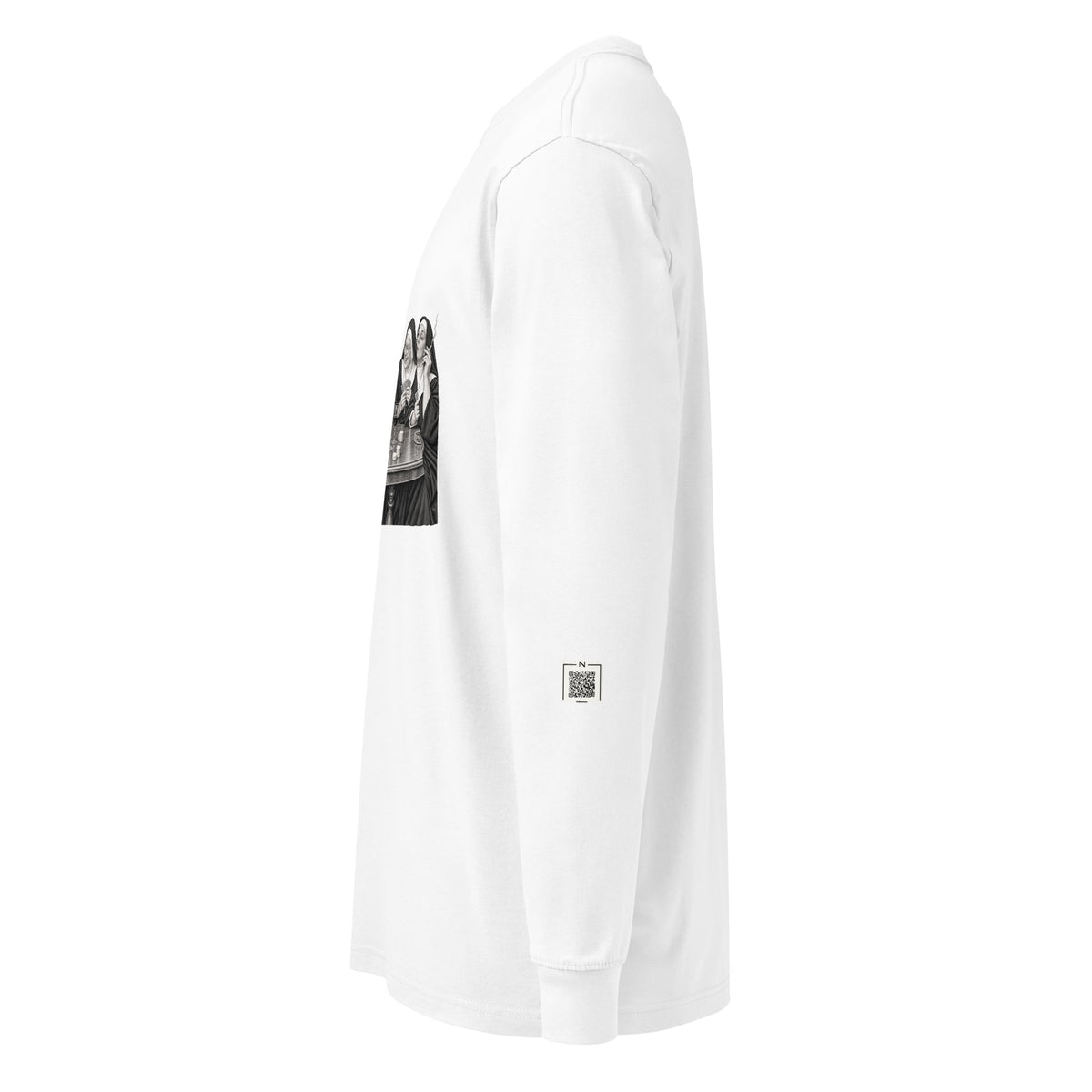White Nuns Communion Wafers long-sleeve tee, left-side view showing a small QR code on the lower sleeve.