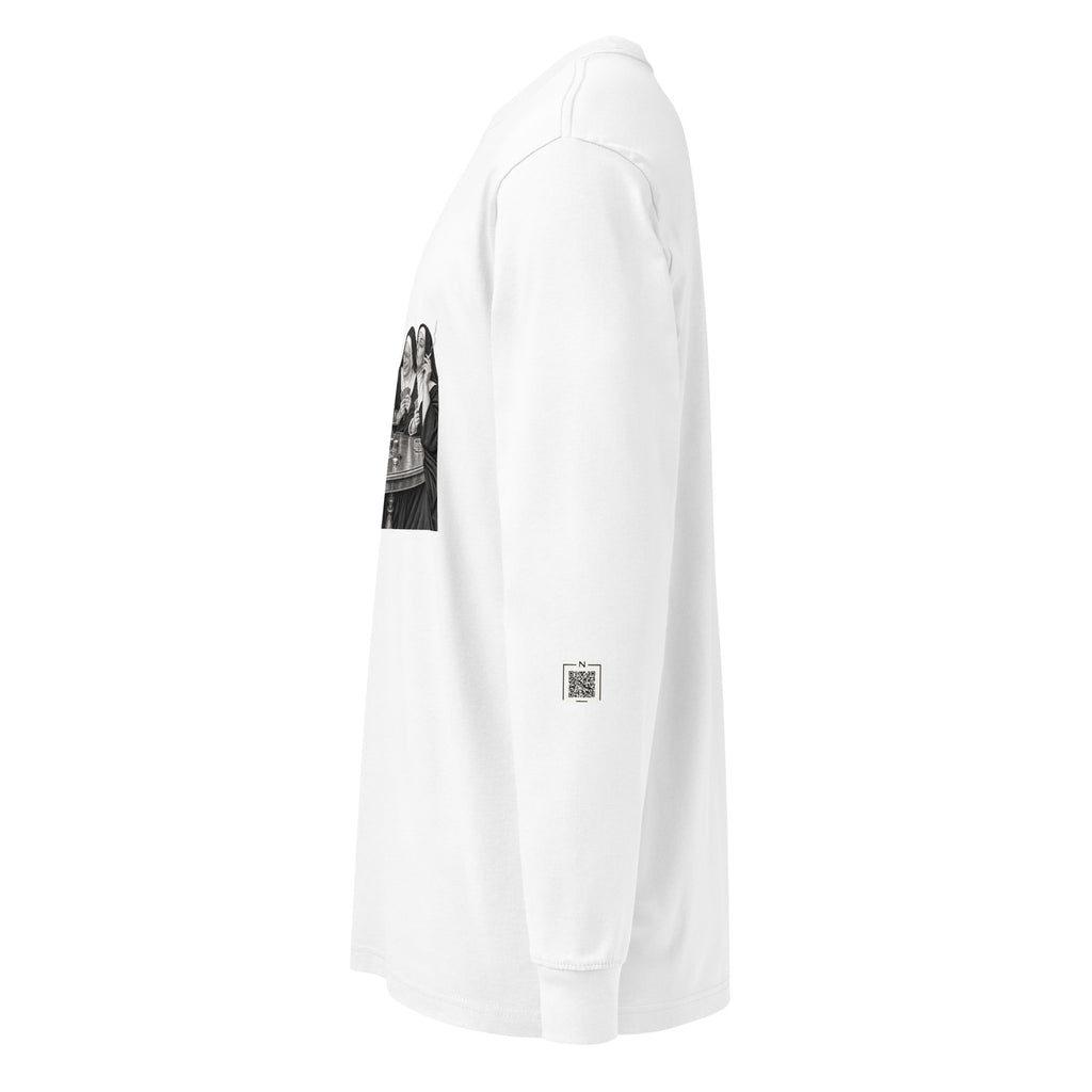 White Nuns Card Night long-sleeve tee, left-side view showing a small QR code on the lower sleeve.