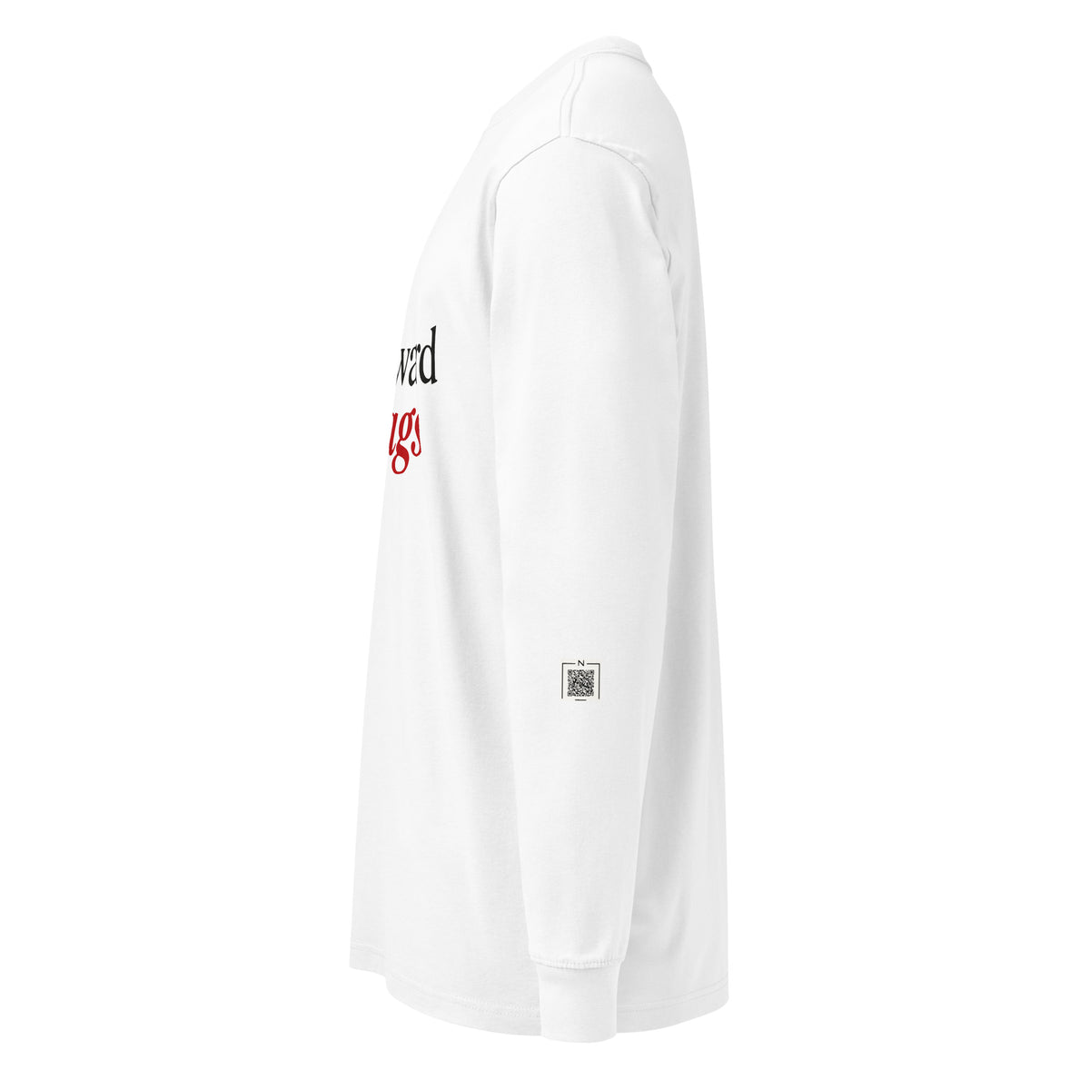 White I Run Toward Red Flags long-sleeve tee, left-side view showing a small QR code on the lower sleeve.
