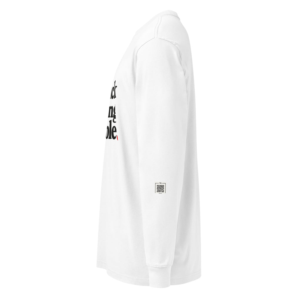 White Sick of Being Humble long-sleeve tee, left-side view showing a small QR code on the lower sleeve.