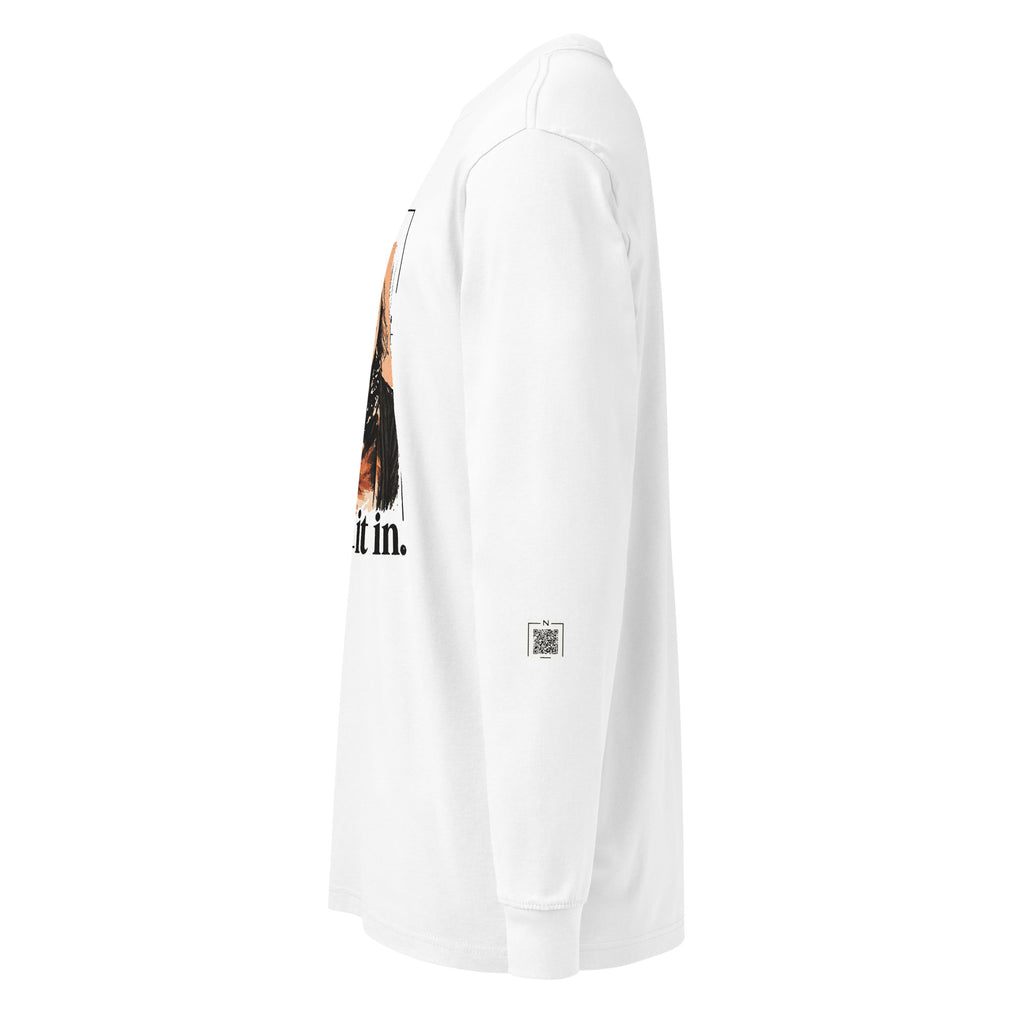 White You Fold It In long-sleeve tee, left side showing a QR code on the lower sleeve.