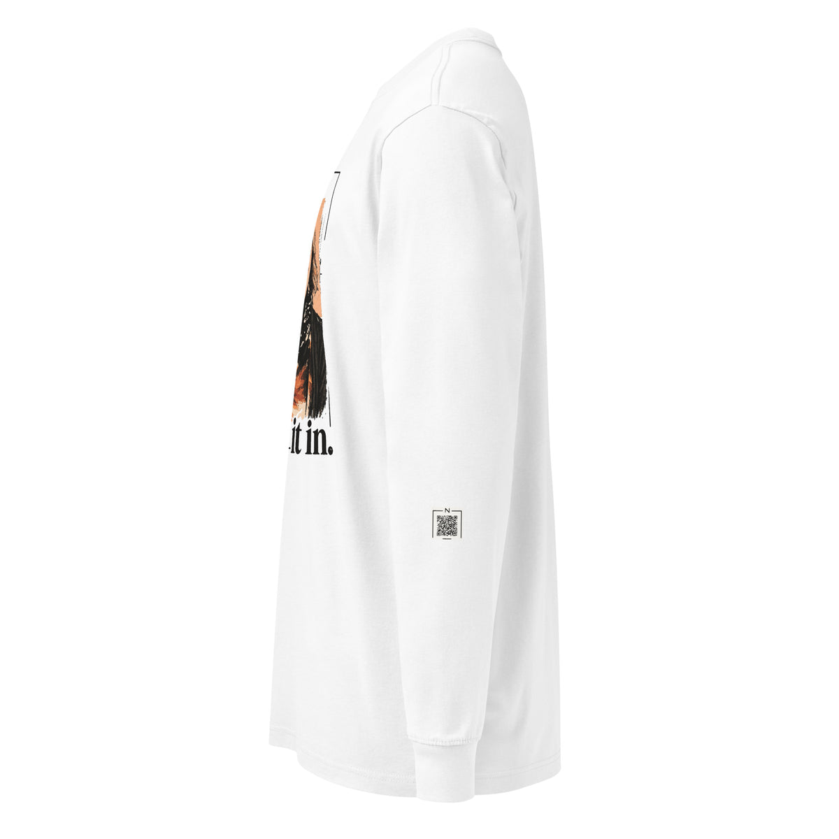 White You Fold It In long-sleeve tee, left side showing a QR code on the lower sleeve.