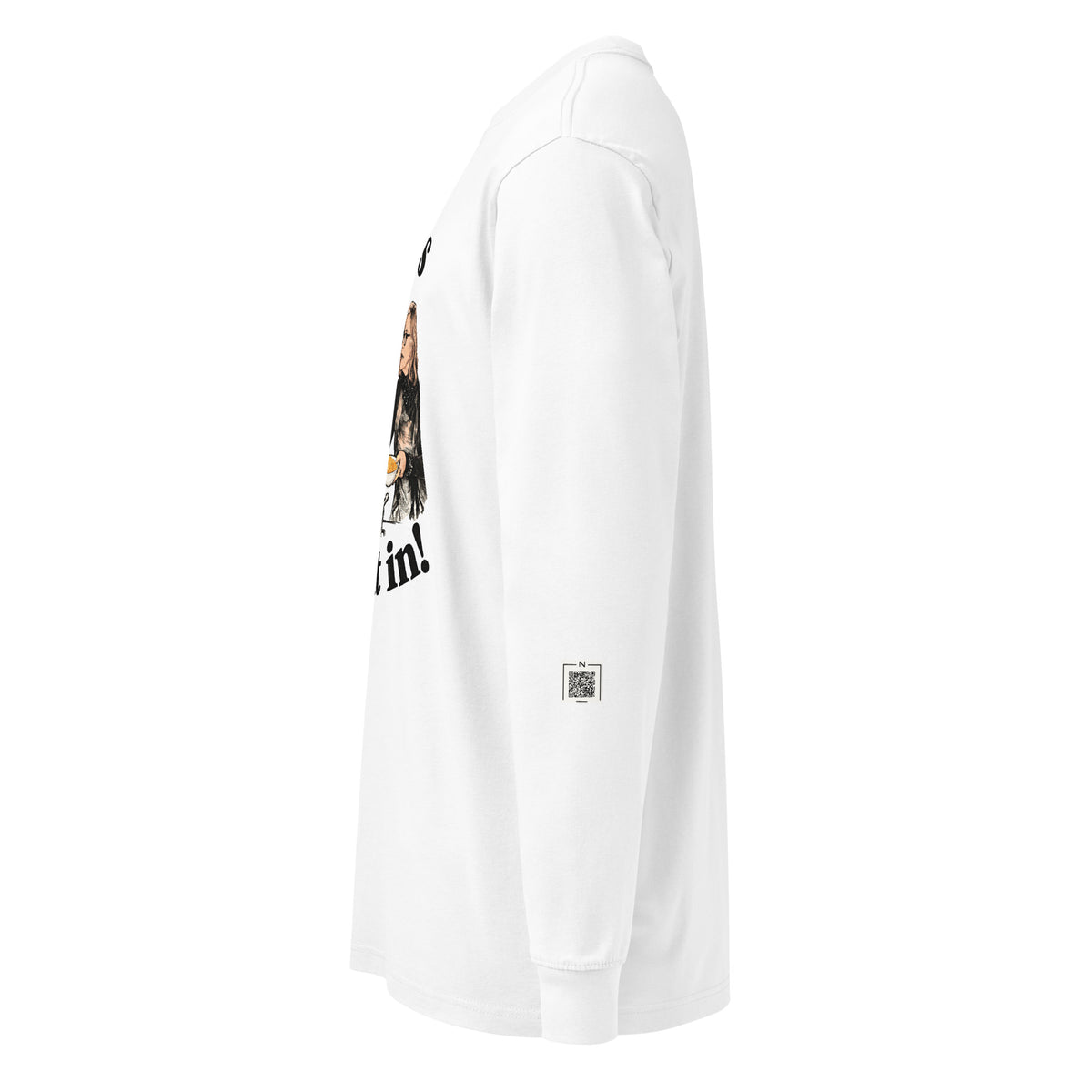 White It Says Fold It In long-sleeve tee, left side showing a QR code on the lower sleeve.