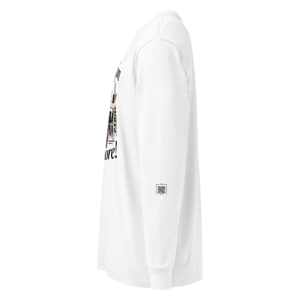 White Nobody’s Fun Anymore long-sleeve tee, left side showing a QR code on the lower sleeve.