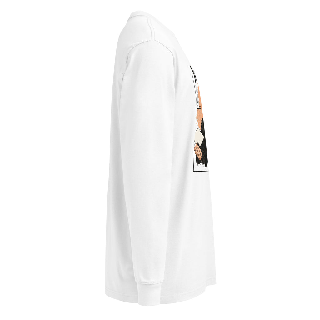 White You Fold It In long-sleeve tee, right side with part of the front graphic visible.