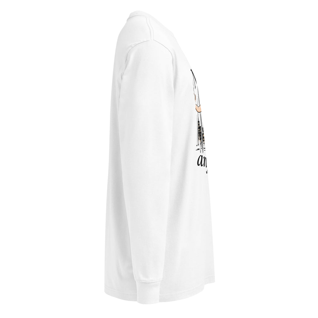 White Nobody’s Fun Anymore long-sleeve tee, right side with part of the front graphic visible.