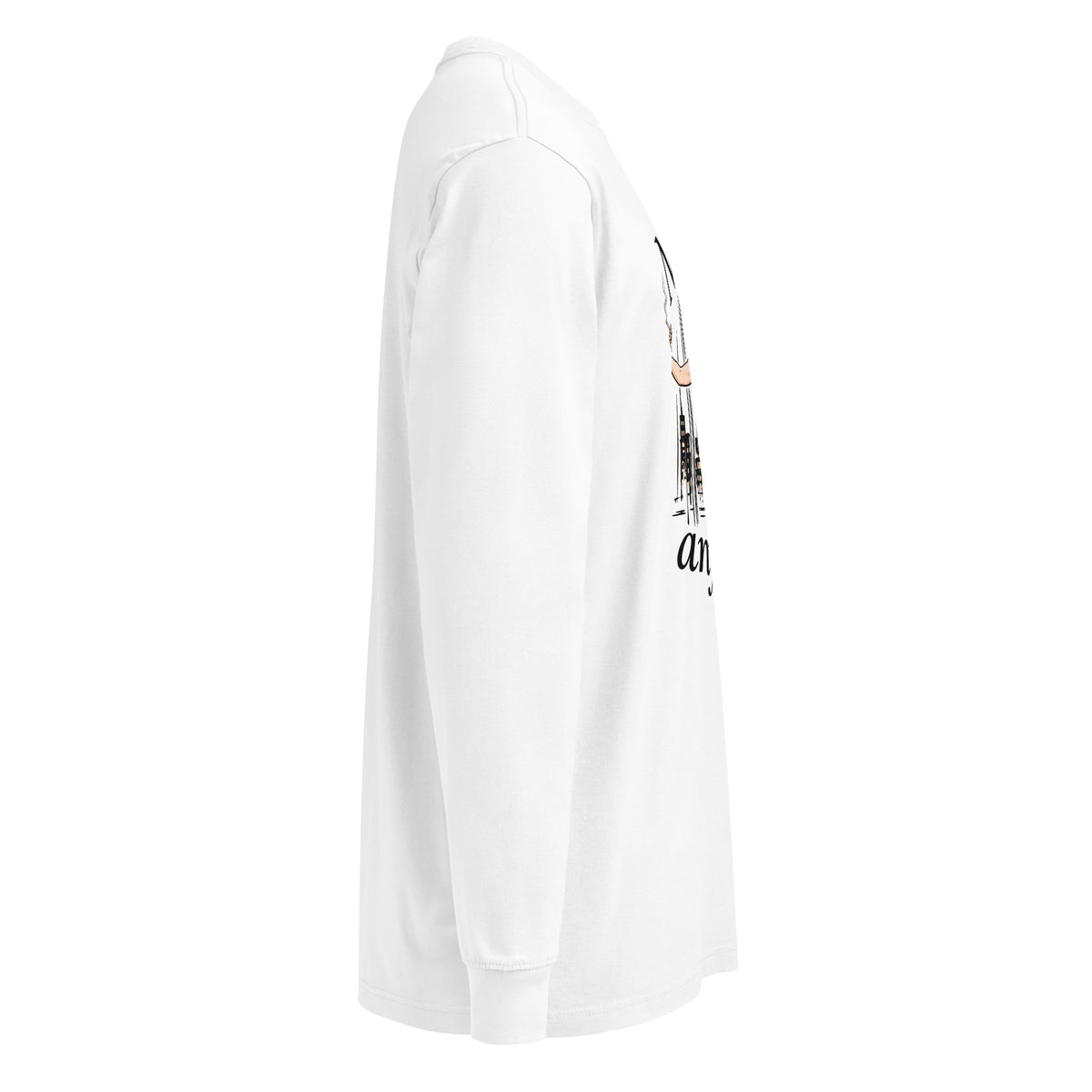 White Nobody’s Fun Anymore long-sleeve tee, right side with part of the front graphic visible.