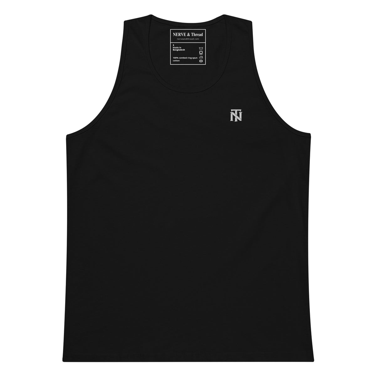 NERVE & Thread Signature Cotton Tank Top in Black, front view.