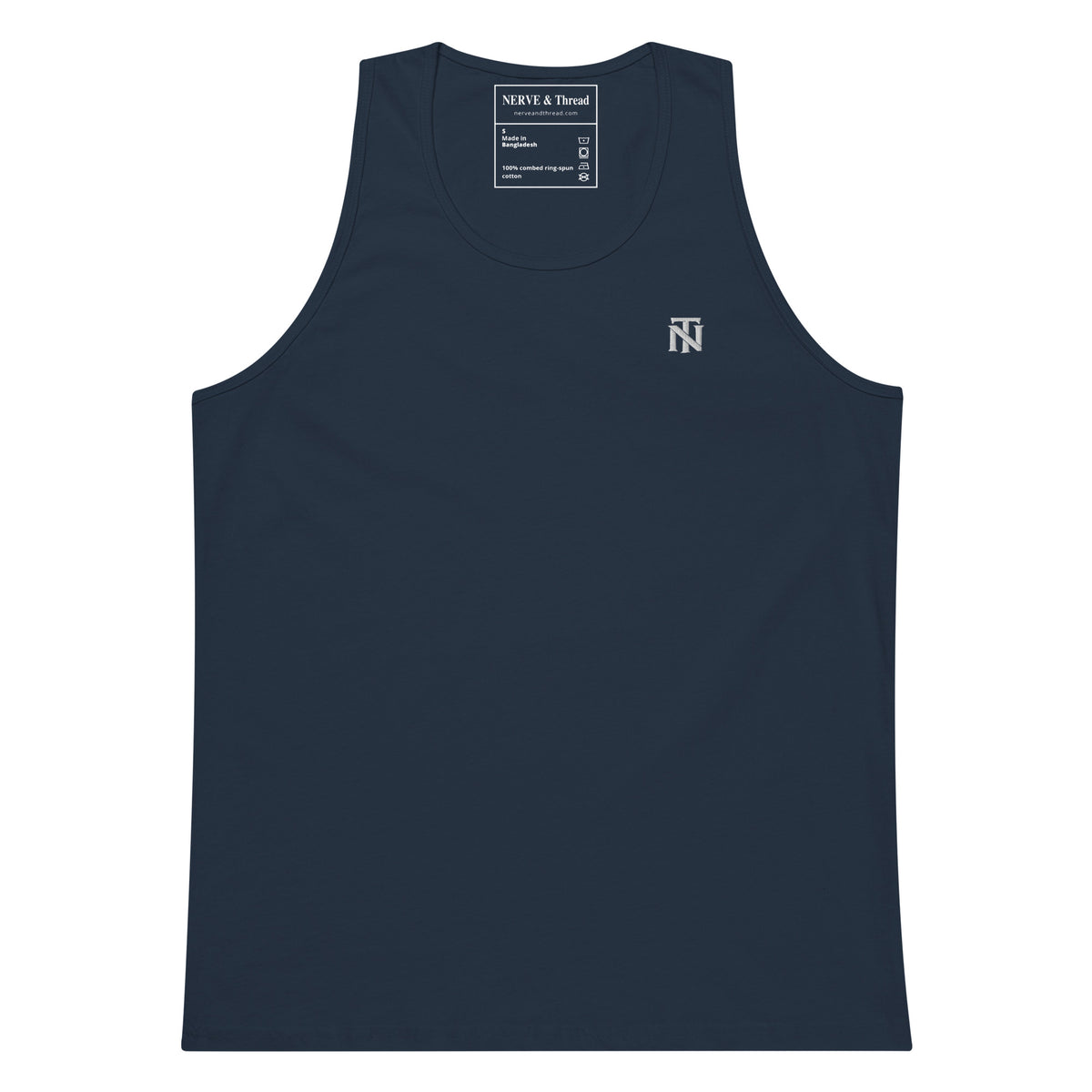 NERVE & Thread Signature Cotton Tank Top in Navy, front view.