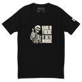 Supplier mockup of black Hang In There It Gets Worse skeleton tee, front artwork, custom inside wordmark and sleeve QR.